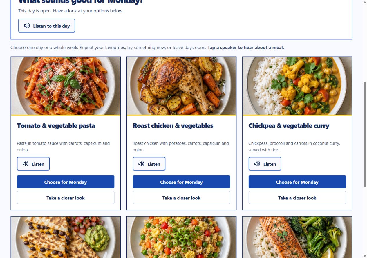 Actual Meal Board screen with meal pictures, Listen buttons and choices for Monday.